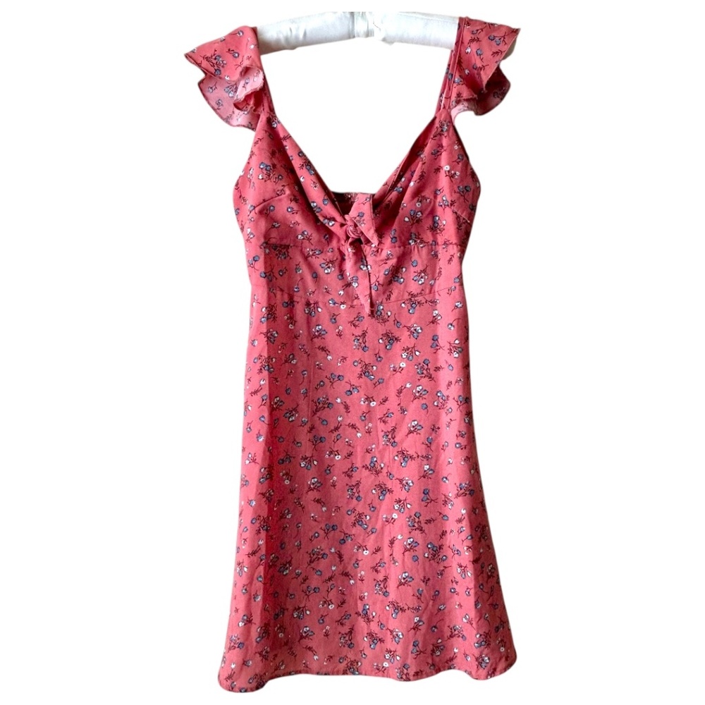 Coral Rustic Red Sundress Flutter Shoulder Tie Front Fitted Bodice Floral Small